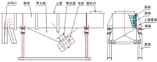 直線振動篩內(nèi)部結(jié)構(gòu)：出料口，篩體，傳力板，上蓋，電機座，電機，進料口，篩框，篩網(wǎng)，上彈簧座，彈簧，底腿。