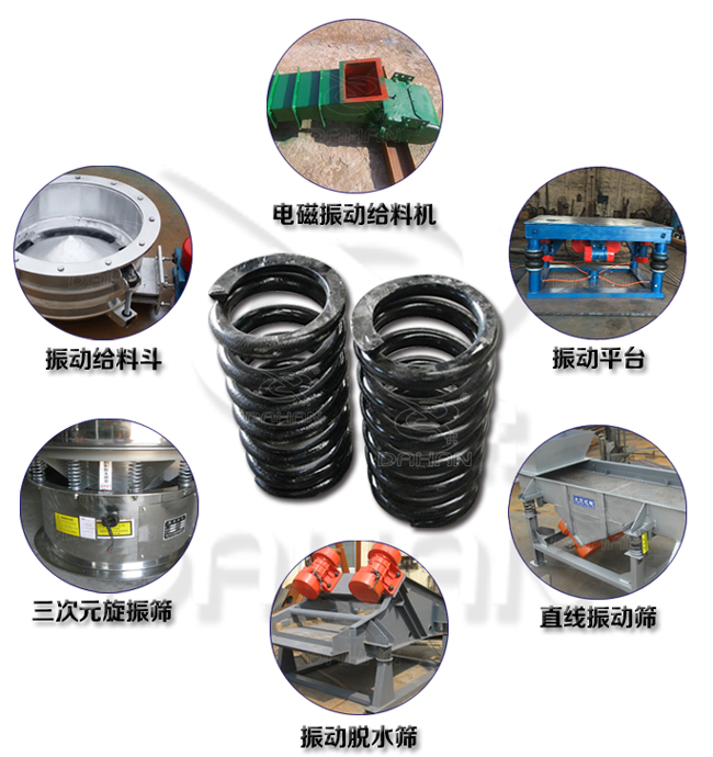旋振篩減震彈簧適用產(chǎn)品：振動給料機，電磁振動給料機，振動平臺，直線振動篩，振動脫水篩，三次元旋振篩。