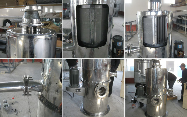 小型立式氣流篩細節：立式氣流篩篩網，立式氣流篩出料口，立式氣流篩電機。