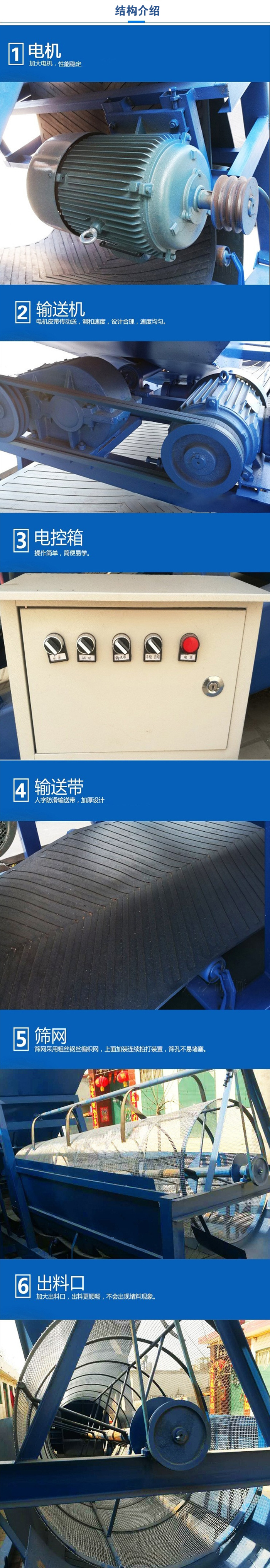 移動篩沙機結(jié)構(gòu):電機，加大電機，性能相對比較穩(wěn)定。輸送機：電機皮帶傳動送，調(diào)和速度，設(shè)計合理，速度均勻。電控箱：操作簡單，簡便易學。輸送帶：人字防滑輸送帶，加厚設(shè)計。篩網(wǎng)，采用粗絲鋼絲編織而成的篩網(wǎng)，上面加裝連續(xù)拍打裝置，篩孔不易堵塞。出料口：加大出料口，出料更順暢，不會出現(xiàn)堵料現(xiàn)象。